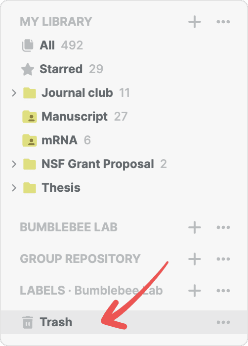 The library sidebar with a red arrow pointing to the highlighted Trash entry at the foot, below My Library’s folders, the shared libraries and the Labels section.